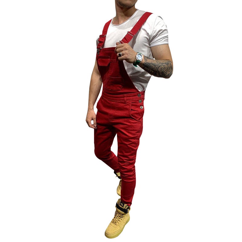 LONGBIDA Men's Denim Bib Overalls Fashion Slim Fit Jumpsuit with Pockets(Red,3XL) - Image 2
